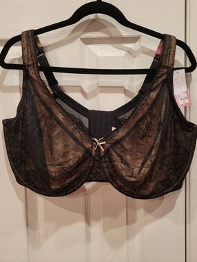Cacique Black Lace Bra with Tan Lining and Pink Bow Accent